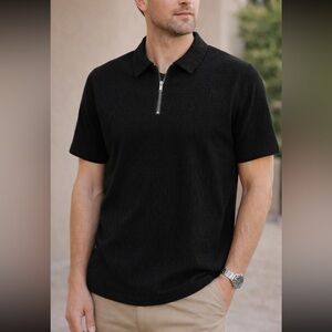 DKNY Black Textured Short Sleeve Polo with Half-Zip